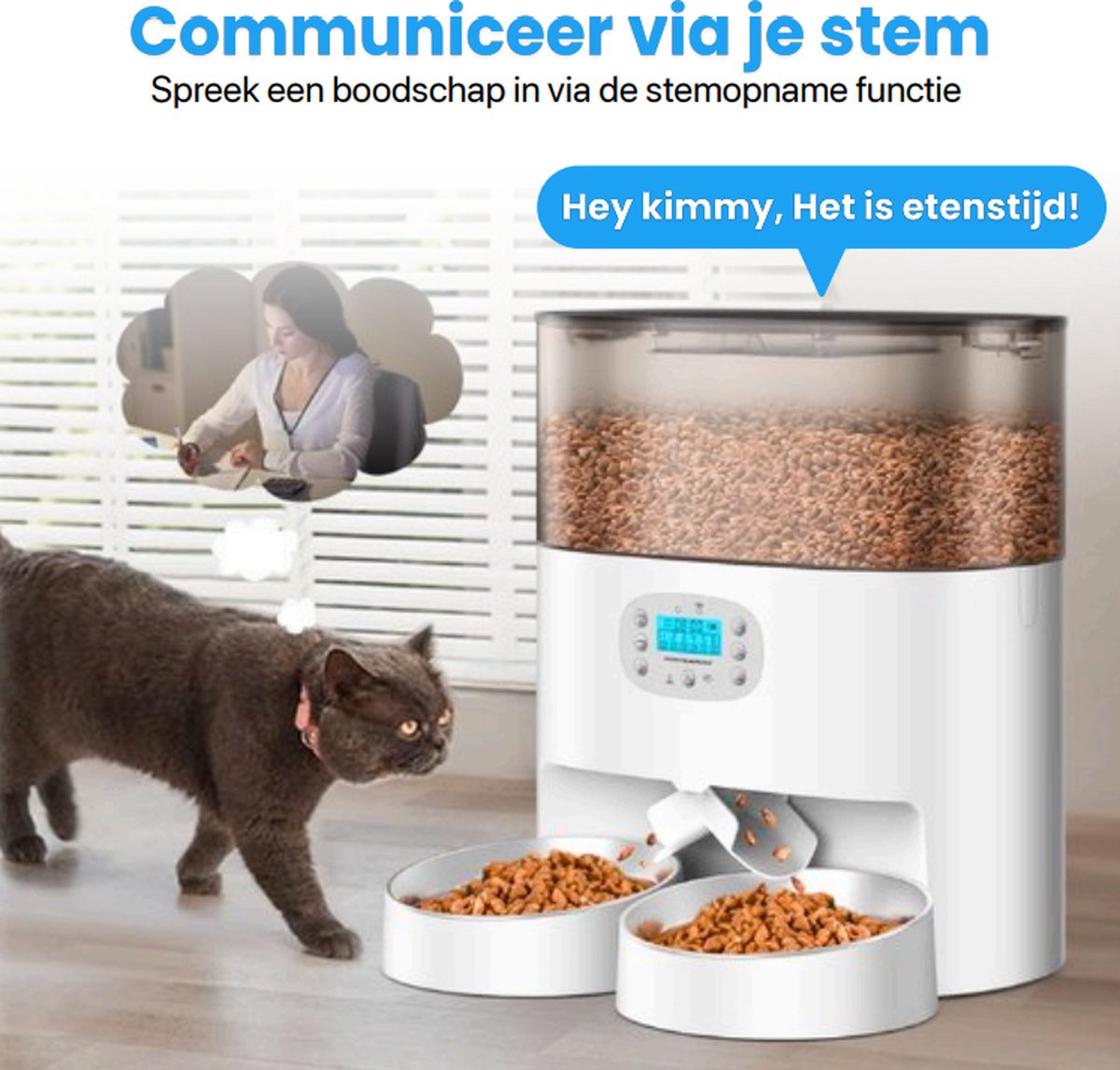 Afbeelding 2 van Automatische Voerbak - Kat en Hond - 2-in-1 Voerautomaat - Voice Recorder & Timer - App Besturing - 6L - Wit