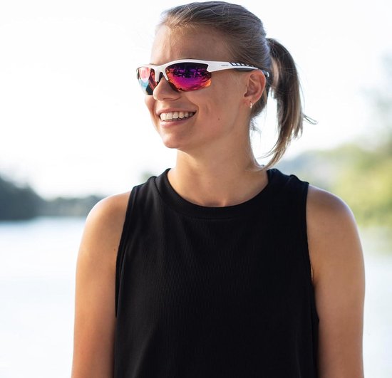 UVTQSSP Fietsbril, zelfkleurend, voor dames en heren, fotochrome fietsbril, sportbril met UV400-bescherming, TR90, ultralichte frameloze zonnebril, paarse benen/paarse glazen