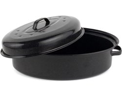 Vitreous Enamel Self Basting Roasting Tin - 36 cm Black - Dishwasher Safe - Oven Safe