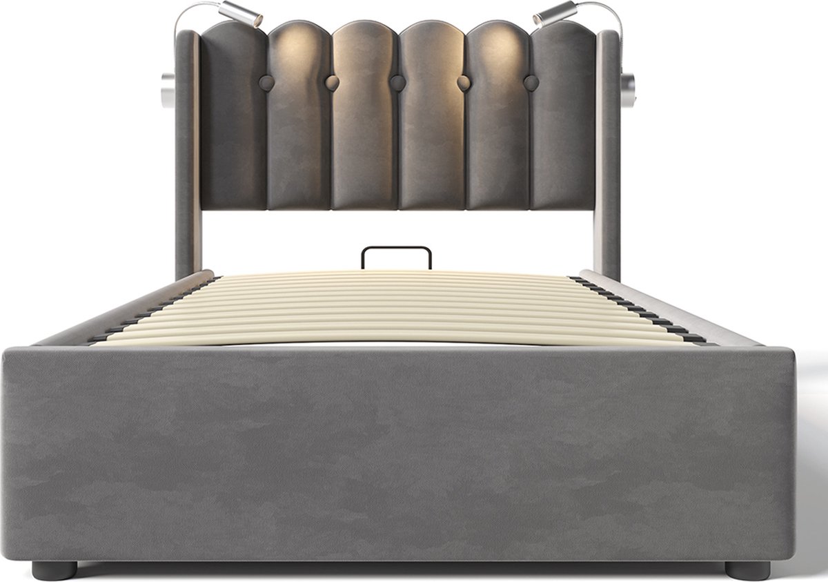 KOMHTOM Bed Eenpersoonsbed 90x200 cm Gestoffeerd Hoofdbord Opbergruimte Velours bedframe Tienerbed met lattenbodem Grijs met matras