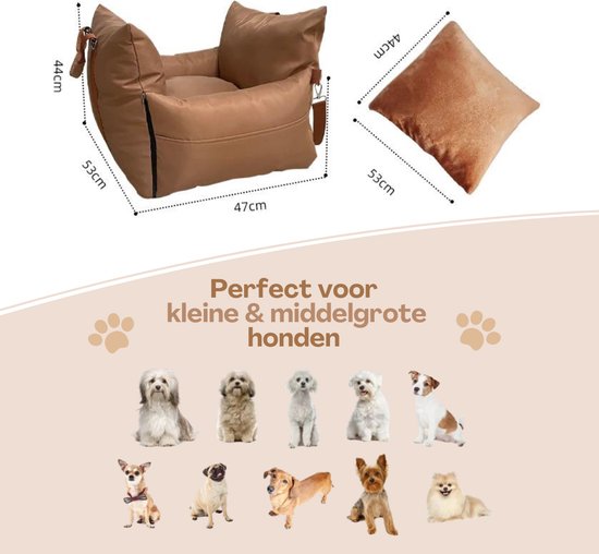 Afmetingen van een bruine hondenautostoel, met de tekst 'Perfect voor kleine & middelgrote honden' en foto's van verschillende kleine honden.