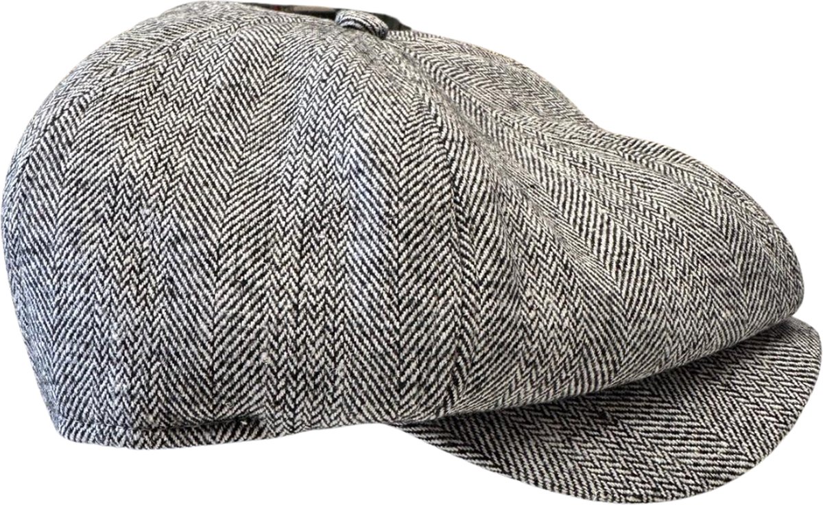 Flatcap met drukknoop - Zwart/Wit Visgraat - KLassieke Pet maat 56/58