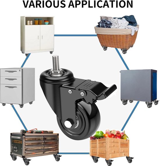 IQWTU Zware belastbare wielen 125 mm met rem, 4 stuks zwenkwielen voor meubelen meubelwielen incl. montagetoebehoren, transportwielen 360° rotatie tot 800 kg, industriële wielen met plaat voor binnen