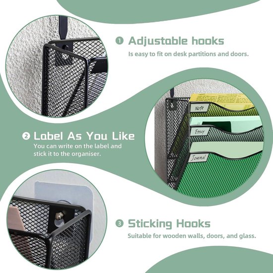 BOHDK Muur File Organizer, 3 Band Opknoping File Map Mail Organizer, Verticale Mesh Metalen Deur/Muur Mount Opknoping File Houder, Papier Document Tijdschrift Rack met Haken voor Thuiskantoor Zwart