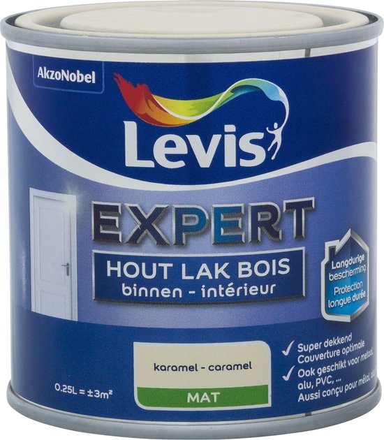Levis Expert Hout Lak Karamel Mat. Blik met een afbeelding van een witte deur en de tekst 'karamel - caramel'.