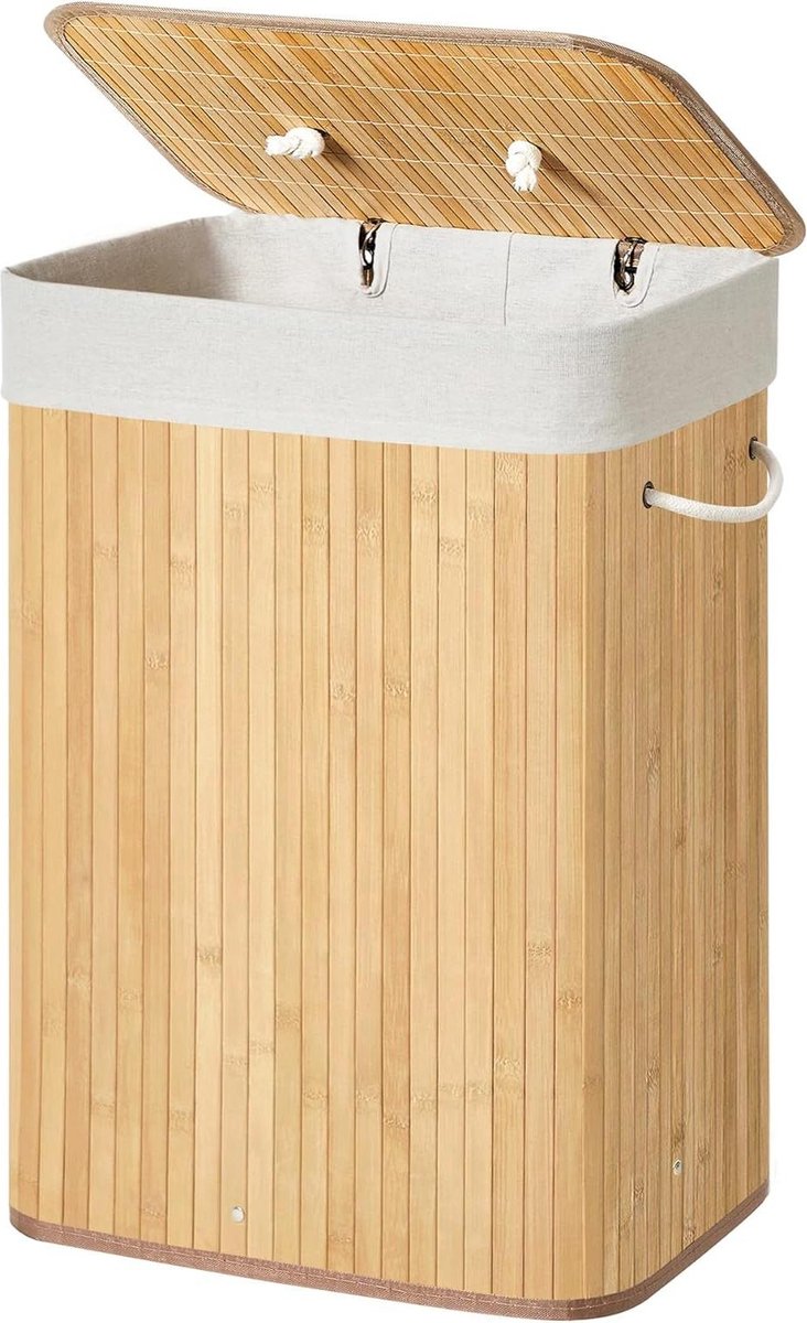 Goedkoopste Wasmand Bamboe Opvouwbaar - Grote Capaciteit - Deksel - Katoenen Waszak - Beige - 72 L - 40 x 30 x 60 cm wasmand