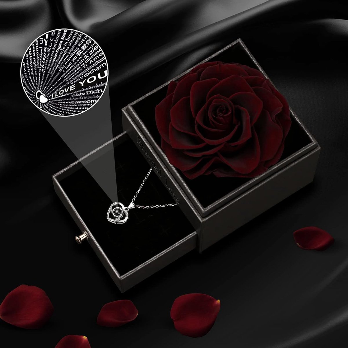 Eeuwige roos, cadeau voor dames, roos, ternel, geschenkdoos met I Love You in 100 talen, halsketting en wenskaart, sleutelhanger, voor Valentijnsdag, moeder, vrouw, grote moeders, vriendin