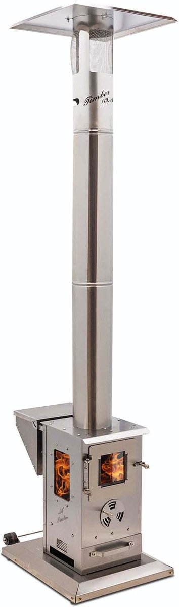 Stijlvolle roestvrijstalen Terrasverwarmer op pellets van TimberStoves met 21 KW vermogen voor efficiënte tuinverwarming.