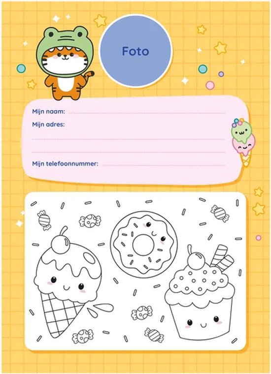 Pagina met invulvelden en kawaii-tekeningen van een ijsje met een tijger-outfit, donuts en snoepjes.