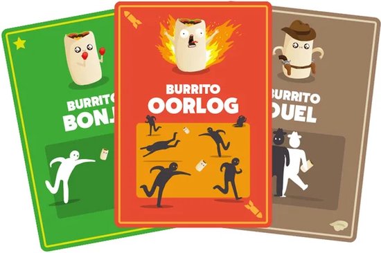 Drie kaarten uit het spel: Burrito Bon, Burrito Oorlog en Burrito Duel.