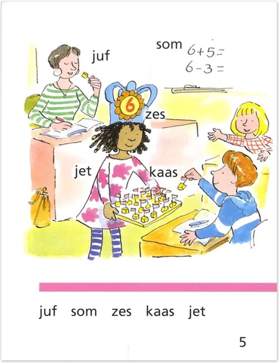 Illustratie van een klaslokaal met kinderen die met de juf spelen en 'kaasjes' oprapen. Bevat de tekst 'juf som zes kaas jet'.