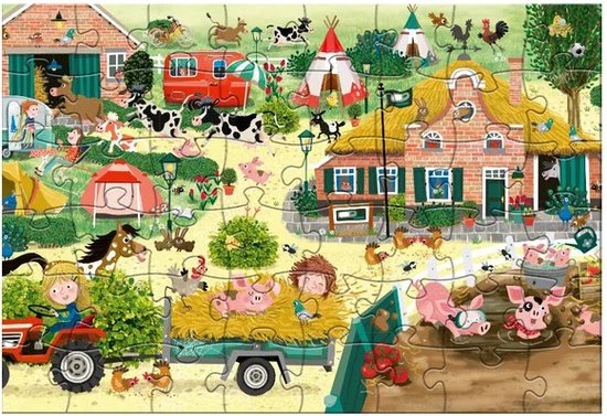 Boerderijpuzzel met kinderen, tractor, varkens in een aanhanger, varkens in de modder, koeien, kippen en een rode camper.
