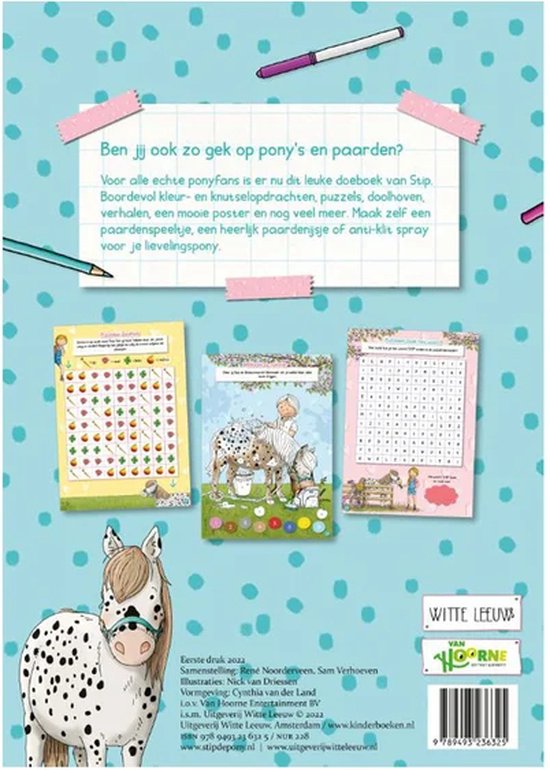 Achterkant doeboek met spelletjes, informatie en een pony.