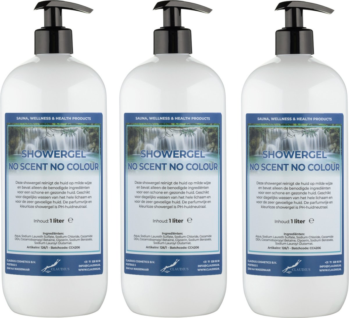 Goedkoopste Douchegel No Scent, No Colour 1 liter - set van 3 stuks - met 3 gratis pomp - Showergel