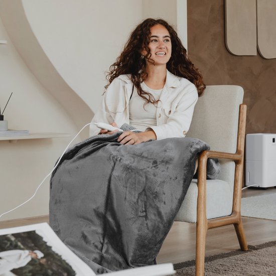Bloomfold Elektrische Deken - 180 x 160 cm - Wasmachinebestendig - 2 Persoons - 9 Standen - Met Timer - Warmtedeken - Grijs/flannel