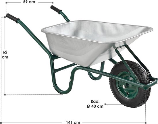 Zilverkleurige kruiwagen met groene handvatten en frame, met afmetingen aangegeven in centimeters.