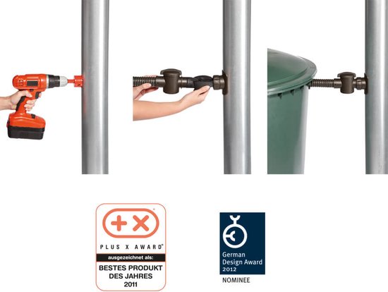 Installation du raccord de descente de gouttière, avec mention "Plus X Award" et "German Design Award".