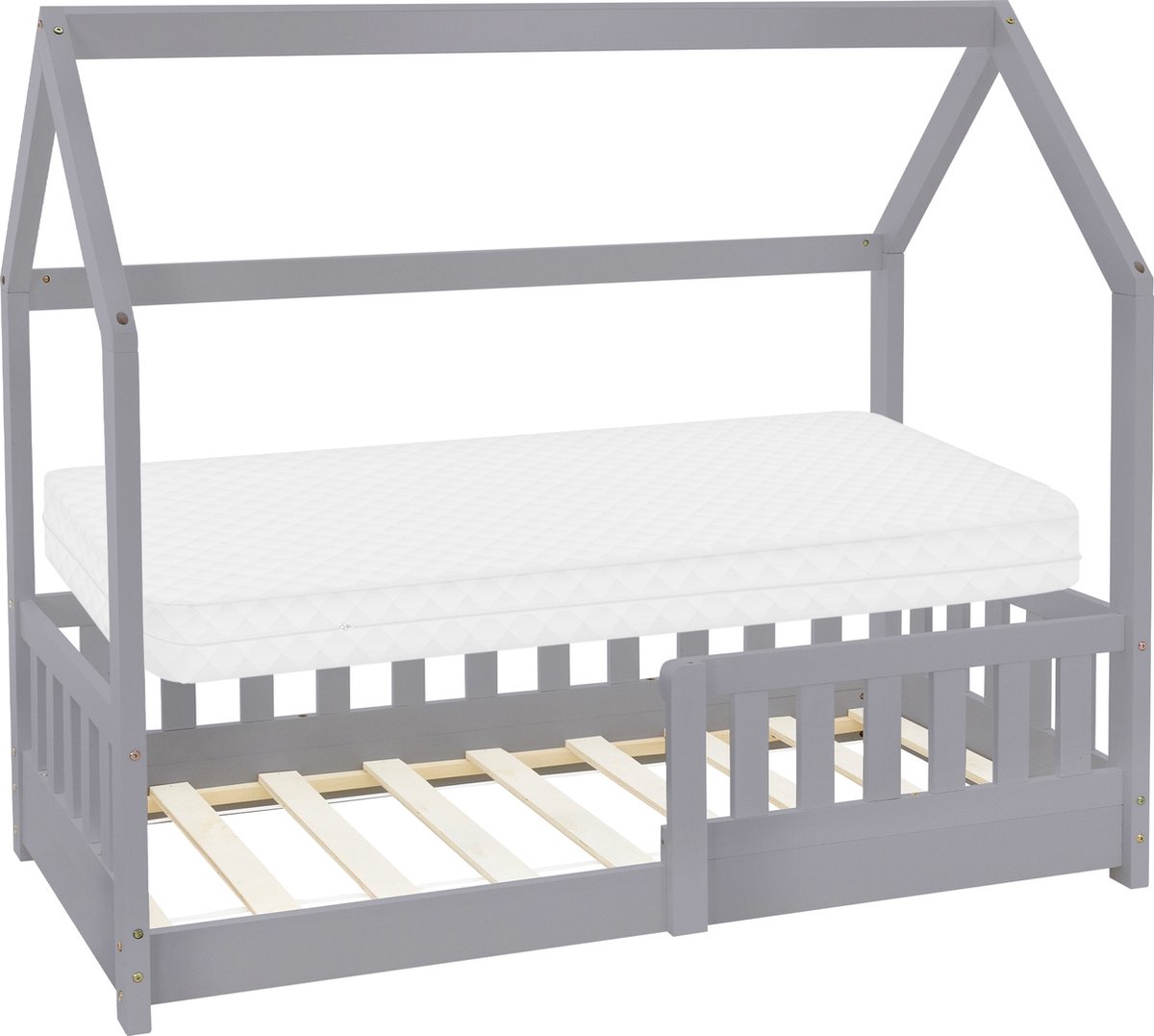 ml-design huisbed serie kinderbed 70x140 cm lichtgrijs met dak lattenbodem en koudschuim matras massief grenenhout stabiel houten speelbed voor meisjes en jongens kinderhuis junior bed met valbeveiliging vloerbed in huis design voor kinderkamer