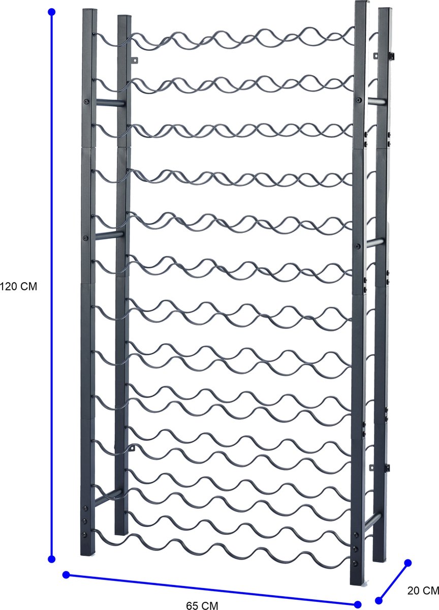Lendo Online Wijnrek voor 72 flessen 65x20x120cm (LxBxH) Wijnkast - Wijnfleshouder - Wijnopslag met kurkentrekker Zwart Poedercoating Metaal Staal Flessenrek Industriële stijl – foto 4