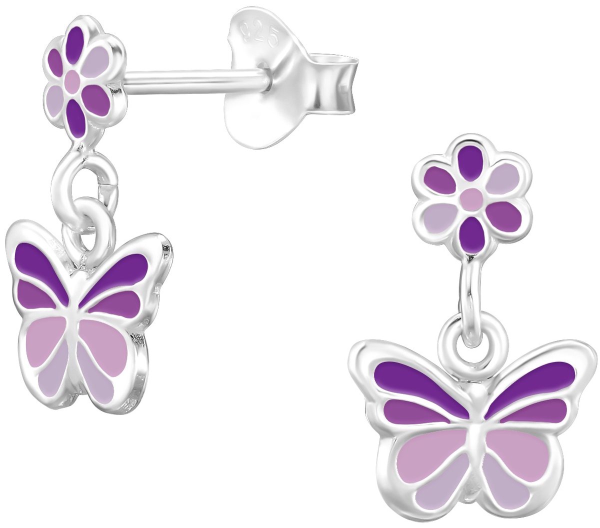 Joy|S - Zilveren bloem met vlinder bedel oorbellen - 8 x 12 mm - paars lila zilver - kinderoorbellen