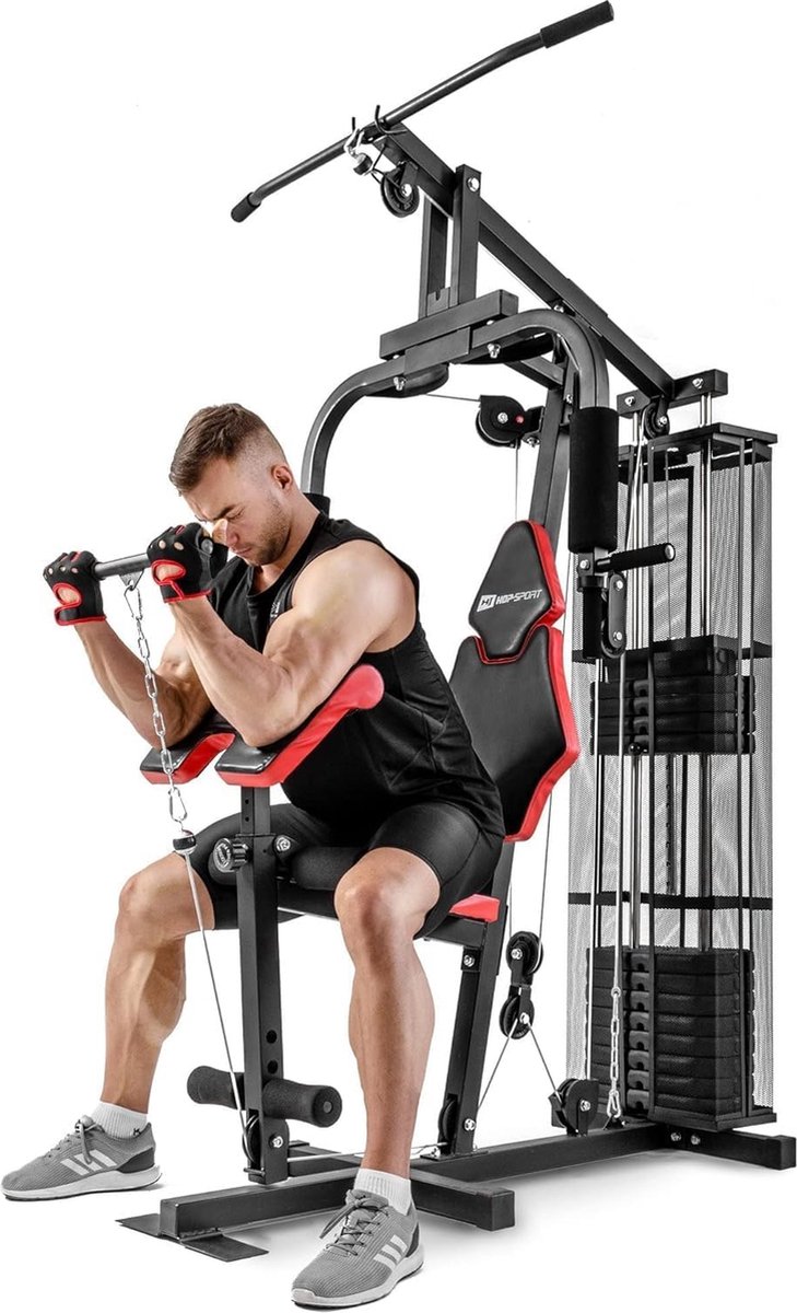 Hop-Sport Krachtstation voor Thuis HS-1044K - Fitnessstation + 66 kg Gewichten, Multigym Fitnesscentrum met Trekkoord, Vlinder en Pull-out