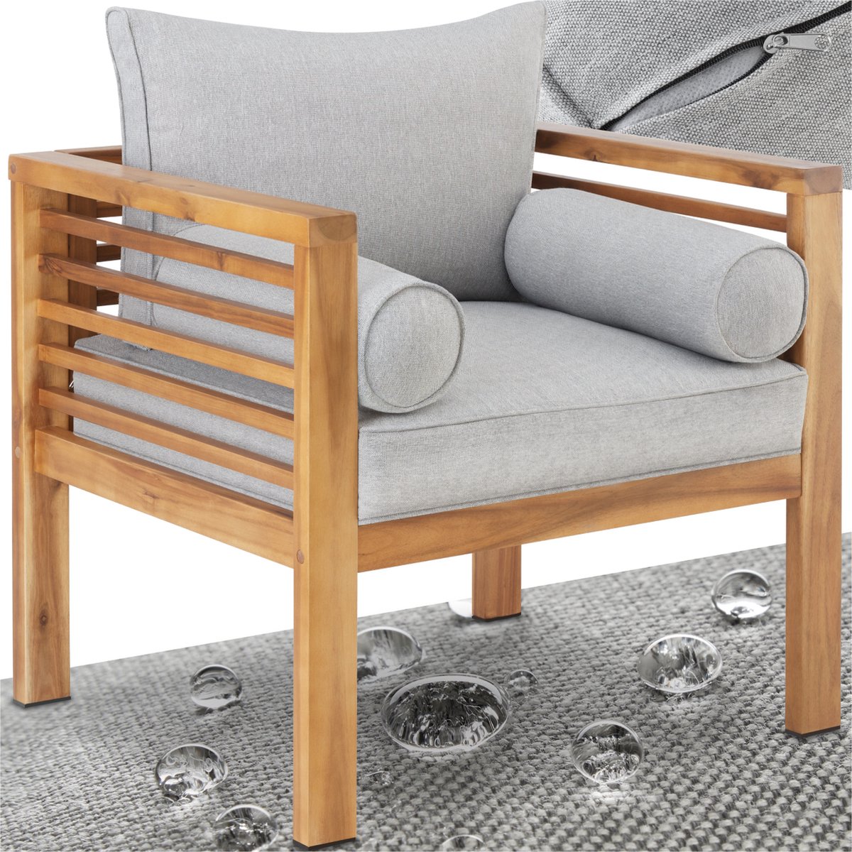 Tectake Lounge tuinstoel Moderne houten tuinstoel Balkonstoel met zit- rugkussen en armkussens Fauteuil met kussen voor balkon en tuin Terrasstoel Weerbestendig Scandi design