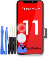 iPhone 11 scherm met Premium tekst, gereedschap en WebDigitaal logo.