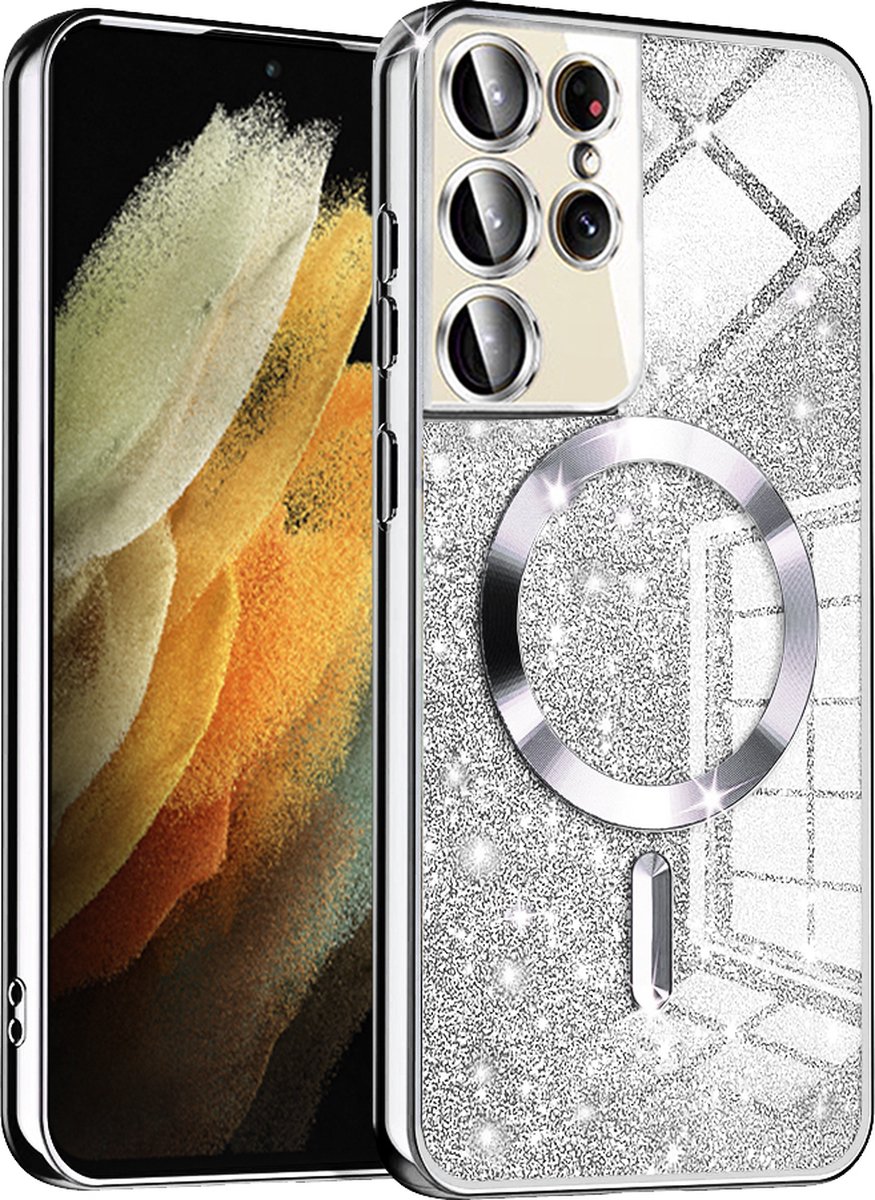 Techsuit Luxury Glitter Back Cover hoesje met MagSafe voor Samsung Galaxy S21 Ultra - Zilver