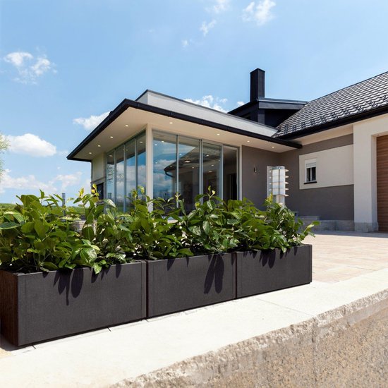 Drie antracietkleurige plantenbakken met groene planten voor een modern huis.