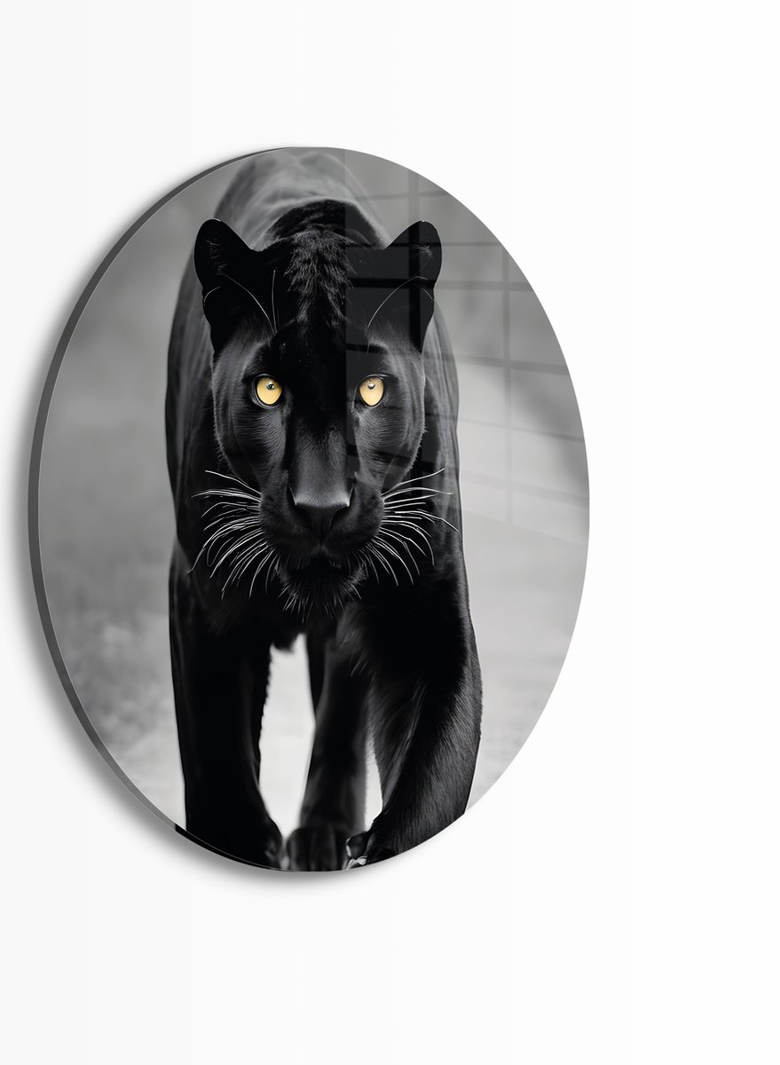 Myfinto Indoorart - Muurcirkel Zwarte Panter gele ogen Plexiglas 90 cm - Wanddecoratie - Afbeelding op Plexiglas - Inclusief ophangplaat zwart, wit, geel