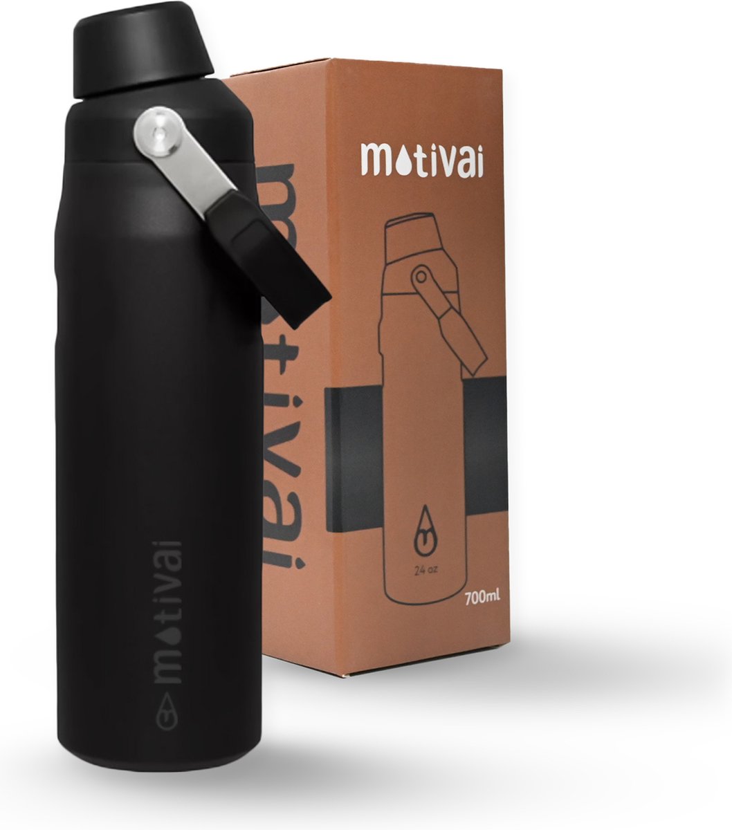 Motivai Fast Sip RVS Thermosfles met Draaidop & Handvat – 700ML (24oz) – Lekvrij & Dubbelwandig – Thermosbeker Waterfles To Go – BPA-vrij – Zwart