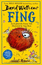 Boekcover van 'Fing' van David Walliams met een harig, oranje monster en kinderen die wegrennen. Vrije tijd met custardsaus.