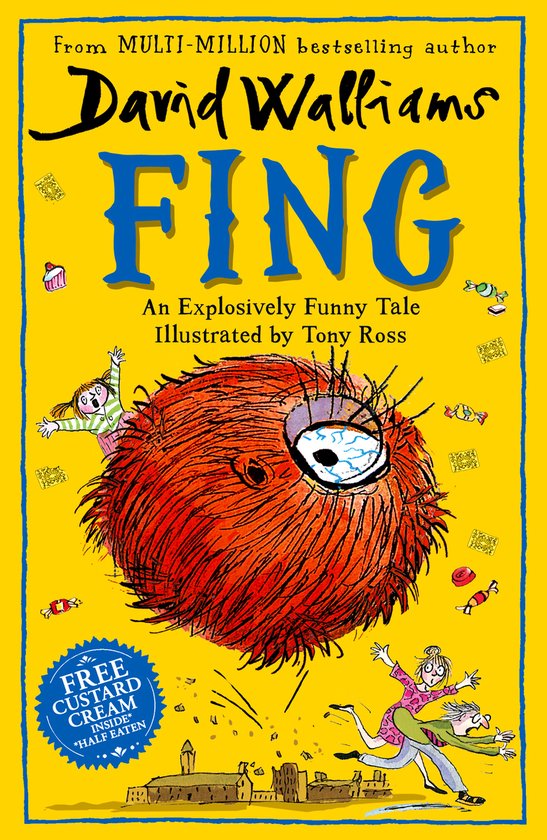 Boekcover van 'Fing' van David Walliams met een harig, oranje monster en kinderen die wegrennen. Vrije tijd met custardsaus.