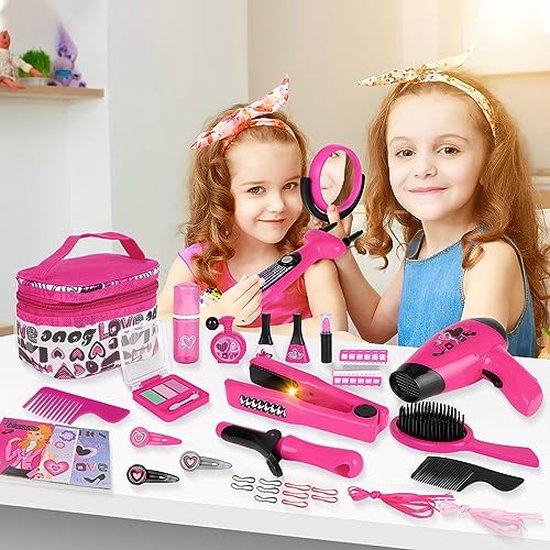 Tacobear Kappersset Kinderen Meisjes Speelgoed met Haardroger Krultang Kam Spiegel Schort en Haarstyling Accessoires Kapperskoffer Make-up Set Speelgoed Cadeau voor Meisjes vanaf 3 4 5 6 7 8 Jaar