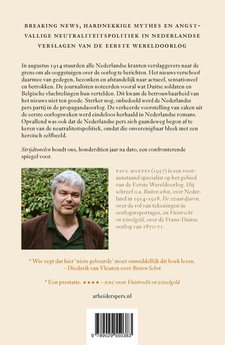 Een portret van Paul Moeyes, met de titel van het boek 'Strijdtonelen' en de ondertitel.
