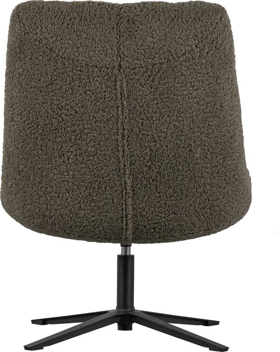 Achterkant van de groene teddy fauteuil met vierkante capitonnage en zwart draaipoot.
