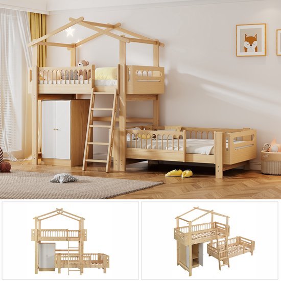 Foto: Kinderbed stapelbed met garderobe huisbed uitneembaar onderste bed met viertraps schuine glijbaan valbeveiliging aan vier zijden denne mdf natural en white 90x200cm