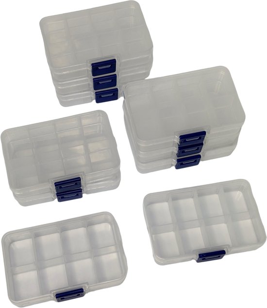 Foto: Mgm trading set van 10 doorzichtige plastic opbergdozen met verstelbare verdelers 10 5 x 6 5 cm 8 compartimenten voor doe het zelf kunst knutsel accessoires en sieraden