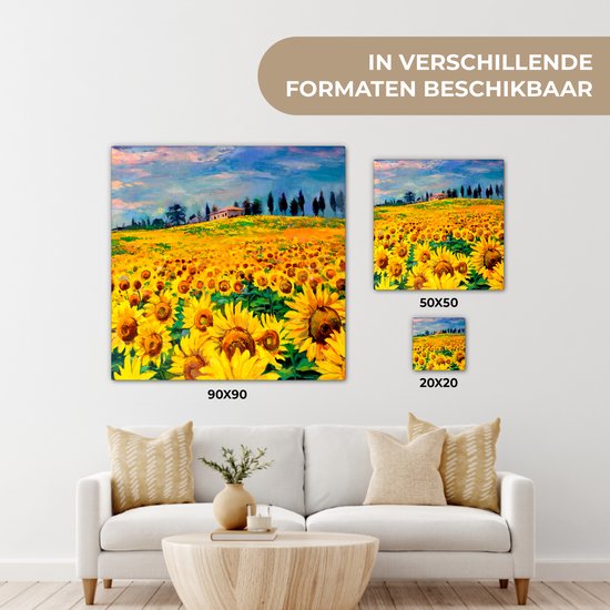 Peinture sur toile - Tournesol - Fleurs - Peinture à l'huile - Nature - Peintures sur toile - 90x90 cm - Toile nature - Décoration murale