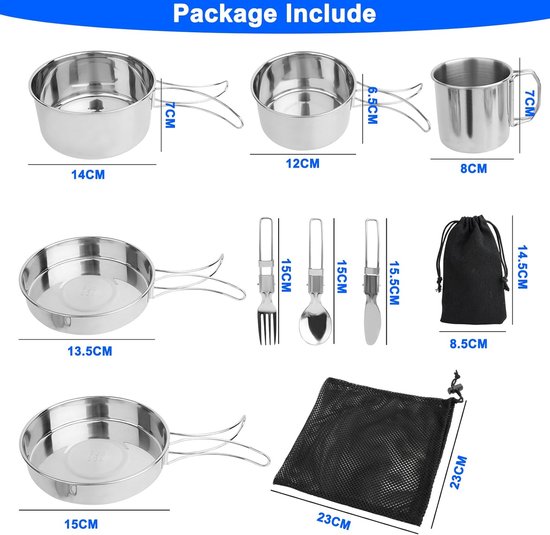 Vaisselle Camping 10 Pièces - Assiettes Bols Tasses Couverts Inox Avec Sacs De Rangement Pour Pique-Nique Voyage