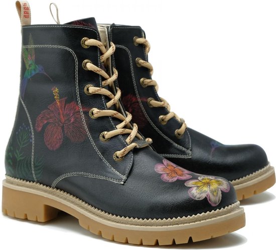 Bottes Goby noires à lacets, décorées de colibris et de fleurs.