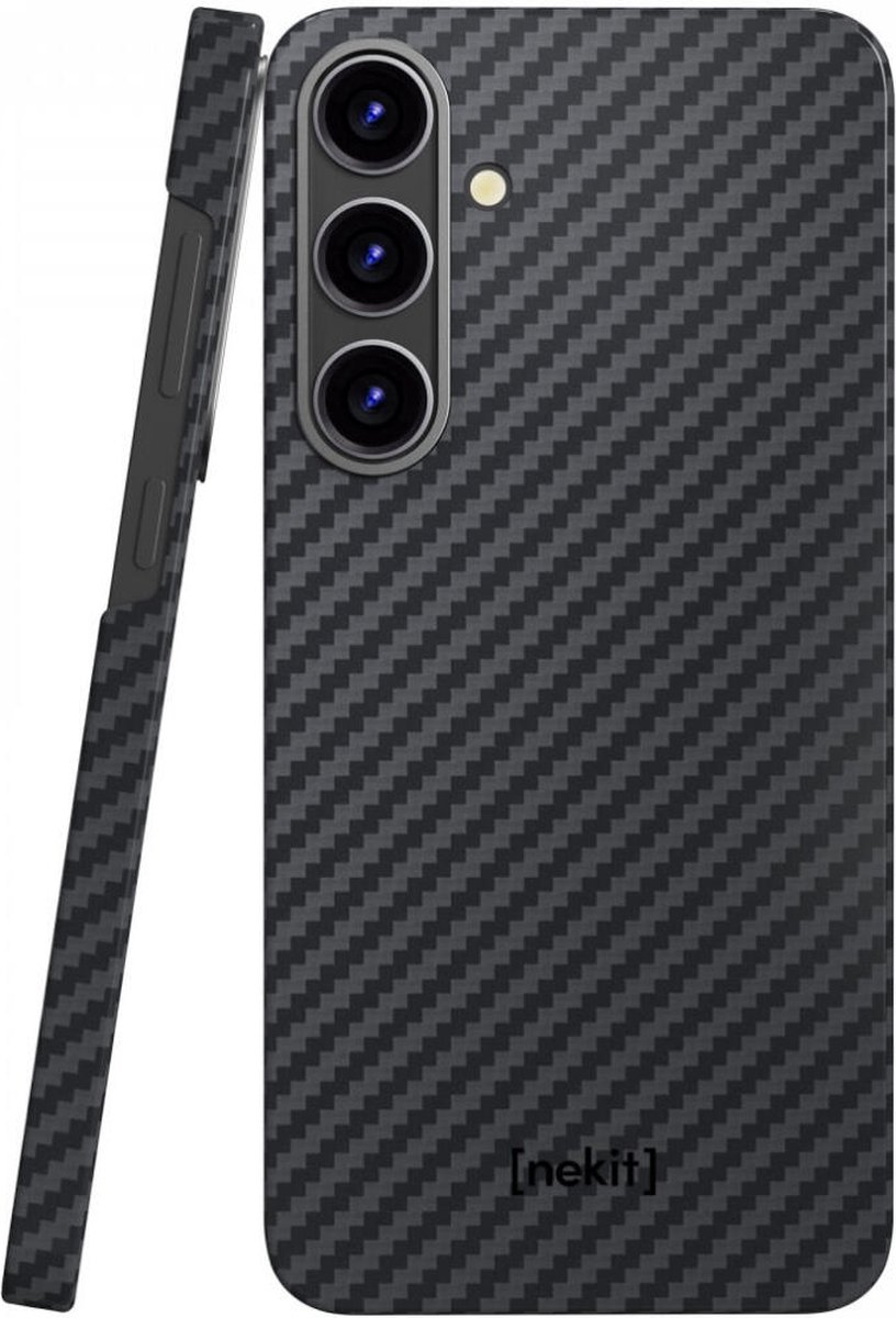 NEKIT Fiber Hoesje Geschikt voor Samsung Galaxy S24 - Compatibel met MagSafe - Kevlar Aramidevezels 1500D - Back Cover Ultra Dun - Grijs/Zwart