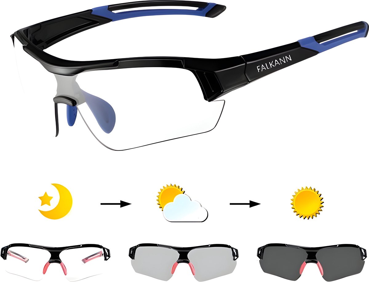 Falkann Elite Fotochromatische Fietsbril Set - Sportbril / Zonnebril Met Meekleurende Lens - UV400 - Blauw