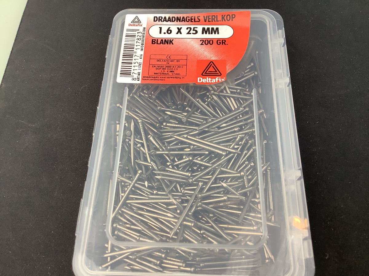 spijkers blank staal 1.6 x 25mm. lang zonder kop.200 gram. draadnagels. verloren kop. deltafix.