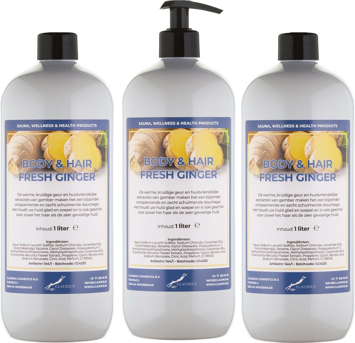 Goedkoopste Body & Hair Fresh Ginger 1 liter - set van 3 stuks - met gratis pomp - 2 in 1 voor lichaam en haar.