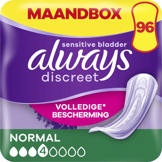 Always Discreet Serviettes Pour Fuites Urinaires Femmes Normal 96 Serviettes, Pack 1 Mois