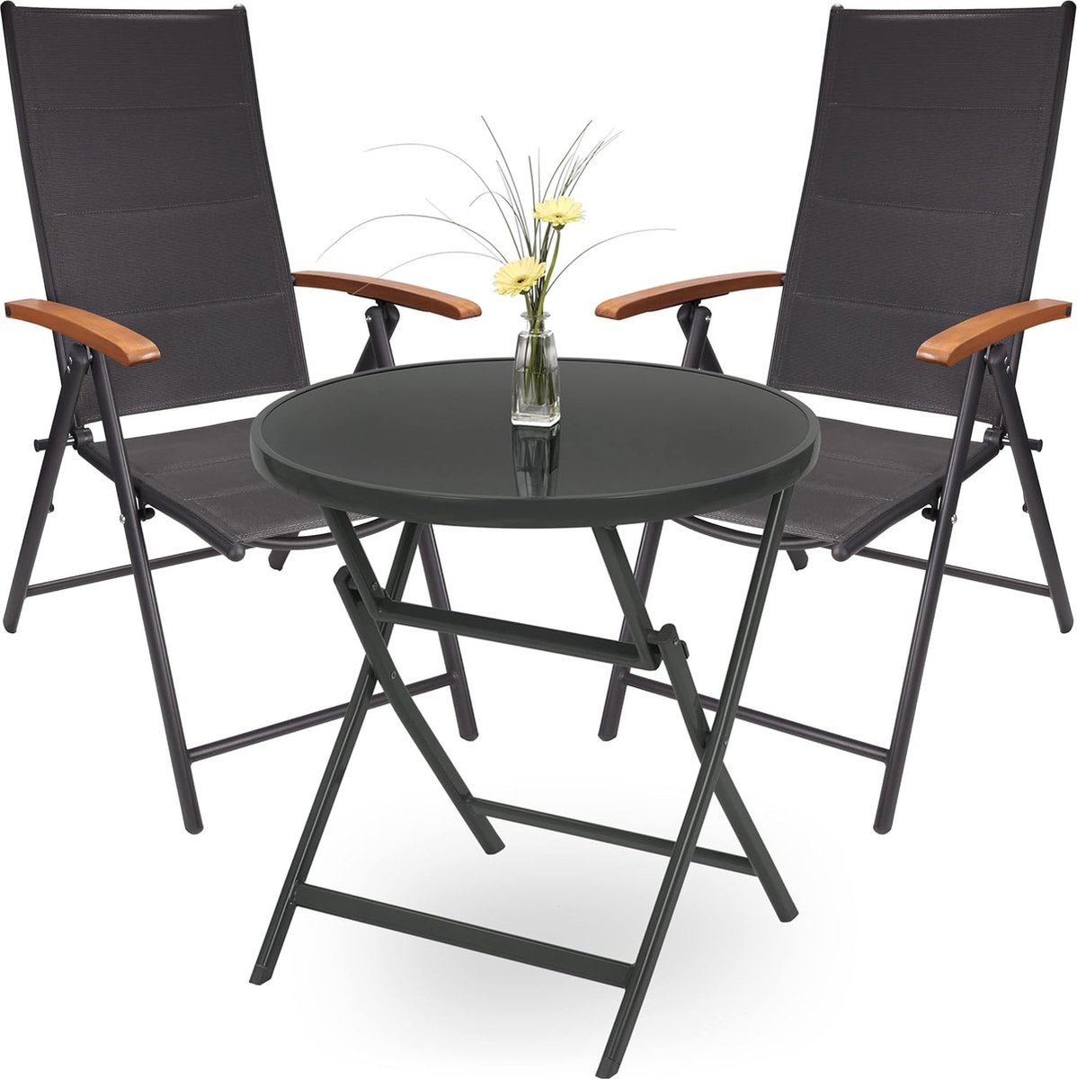 BRUBAKER tuinmeubelset Verona - 1 Glazen Klaptafel Rond 70 Cm Ø met 2 stoelen met Hoge Rugleuning - Weerbestendig - Tuinstoel met Tafel - Antraciet