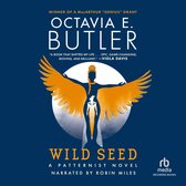 Boekomslag 'Wild Seed' van Octavia E. Butler, met een blauwe achtergrond en een gouden figuur met vleugels.