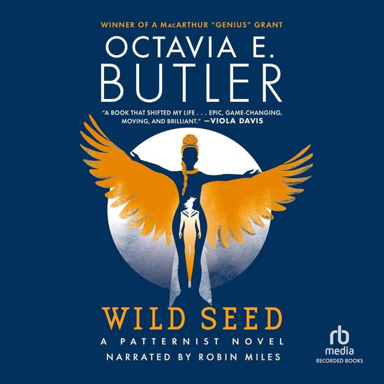 Boekomslag 'Wild Seed' van Octavia E. Butler, met een blauwe achtergrond en een gouden figuur met vleugels.