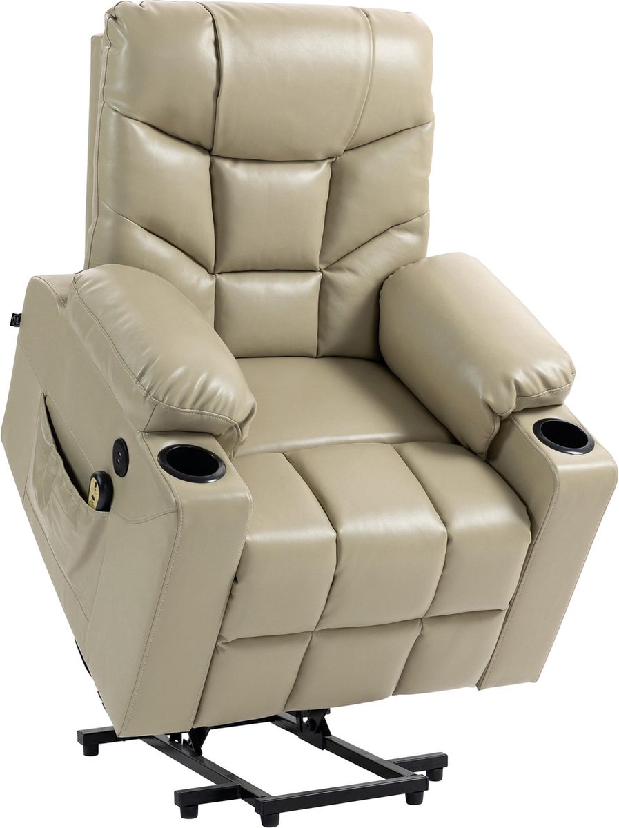 CLP Andover Fauteuil - sta op stoel elektrisch - TV-fauteuil met relaxfunctie - USB-poorten en bekerhouder - creme Kunstleer